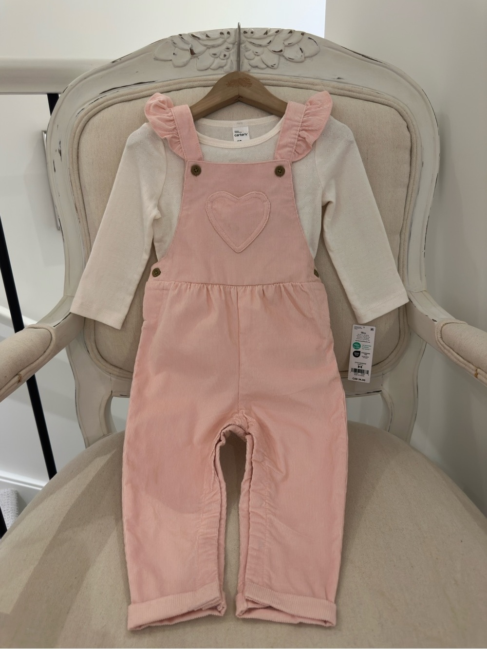 🩰 24 Mth Carter's Baby 100% Cotton 2-Piece Heart Corduroy Overall Romper Set